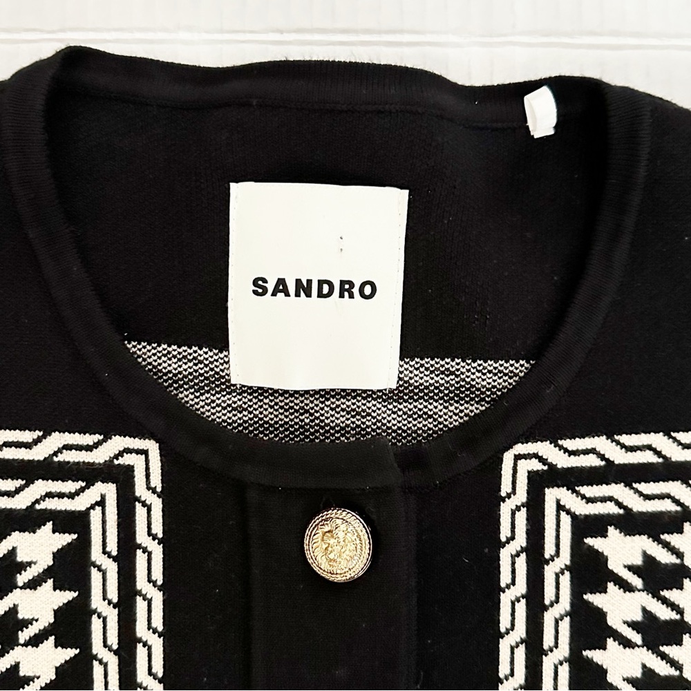 Sandro Jules Houndstooth Cropped Cardigan Black & Cream Size Large - Picture 7 of 13